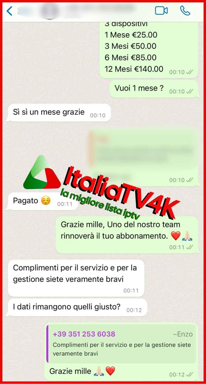 Recensione cliente 3 via WhatsApp
